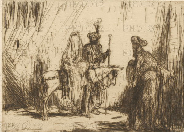 Man welcomes visitors, print, A veiled woman on a donkey, next to her a standing man. To their