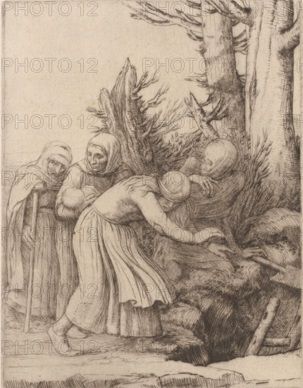 La mort a préparé une demeure aux abandonnés, Three women with a baby are led by death to a hole in