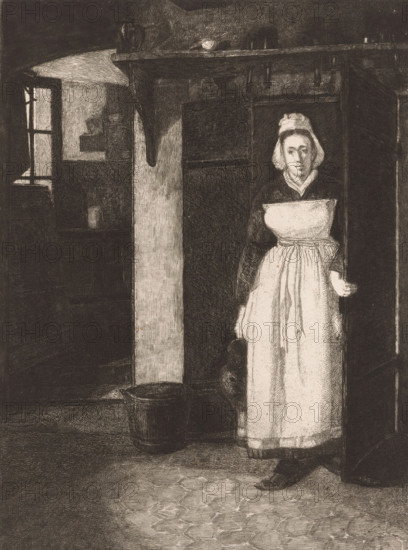 La Sortie de cave., Maid in a doorway, Dix Eaux-fortes, dessinées et gravées by F. Bonvin, Peintre,