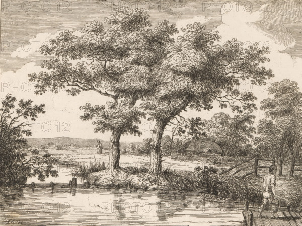 Landscape with figures by a river, Etchings by E. Edwards, print, album page, Series number, 23,