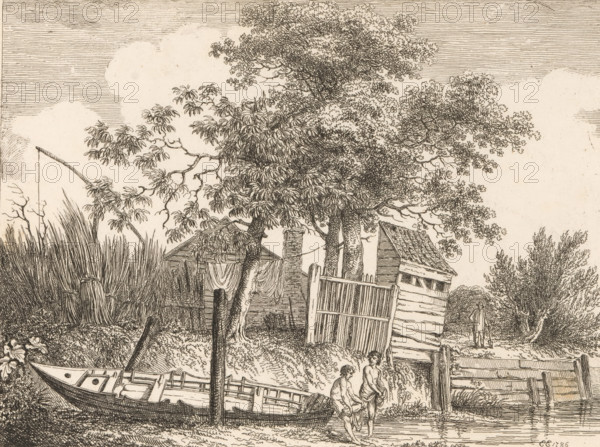 Landscape with bathing figures by a boat, Etchings by E. Edwards, print, album page, Series number,