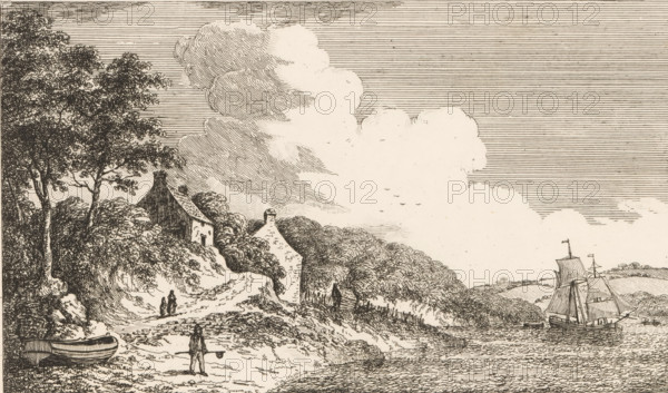 Landscape with a walking path and a river, Etchings by E. Edwards, print, album page, Series