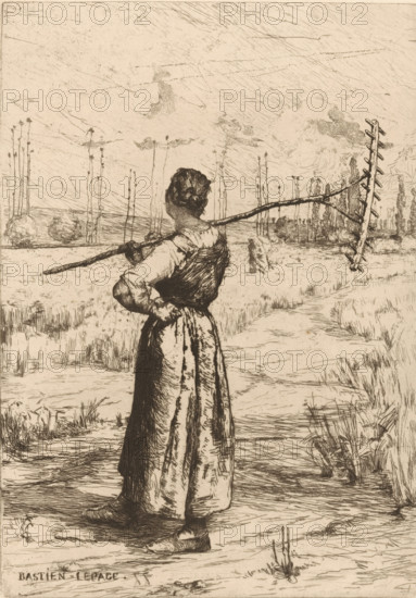 Retour des champs, Woman riding the fields, print, watermark, printmaker: Jules Bastien-Lepage,