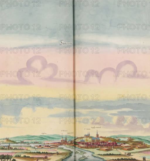 View of Soissons, Soissons, print, album page, This print is part of an album., after drawing by