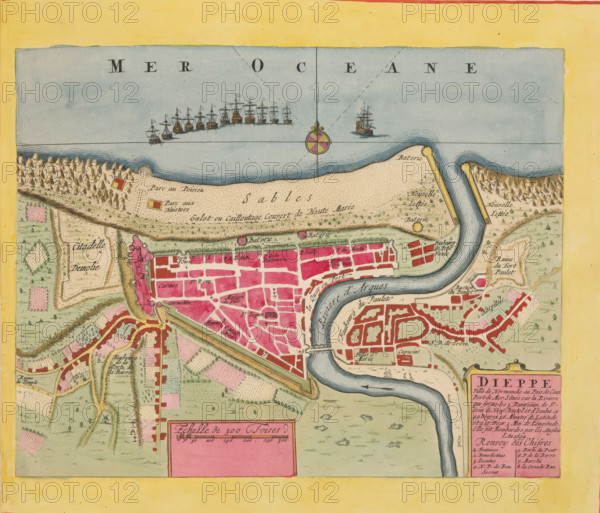 Map of Dieppe, Dieppe. Ville de Normandie au Pais de Caux, area plan, print, album page, This print