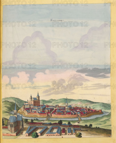 Fallaise, View of Falaise, print, album page, This print is part of an album., after drawing by Jan