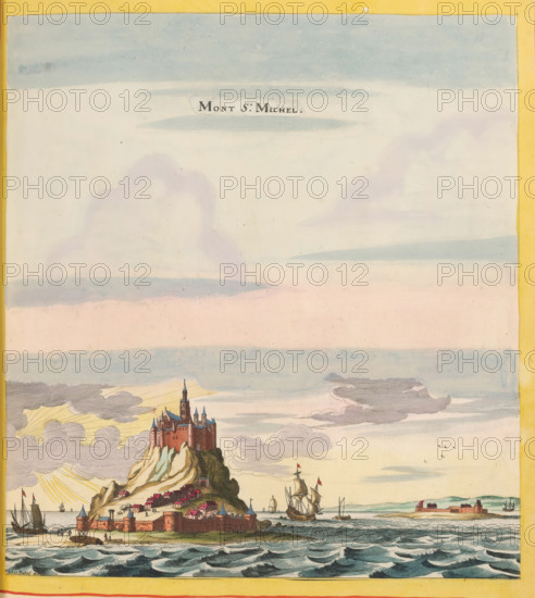 View of Mont Saint-Michel, Mont St. Michel, print, album page, This print is part of an album.,