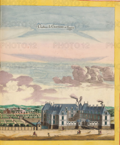 View of Chavigny Castle in Lerné, Chasteau de Chavigny en Touraine, print, album page, This print