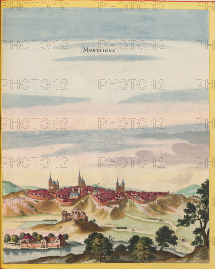 Mortaigne, View of Mortagne-au-Perche, print, album page, This print is part of an album.,