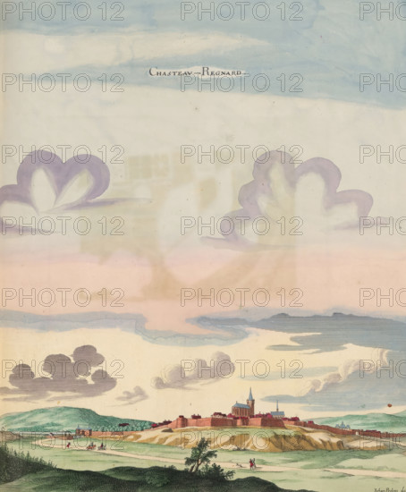 Chasteau-Regnard, View of Château-Renard, print, album page, This print is part of an album., after