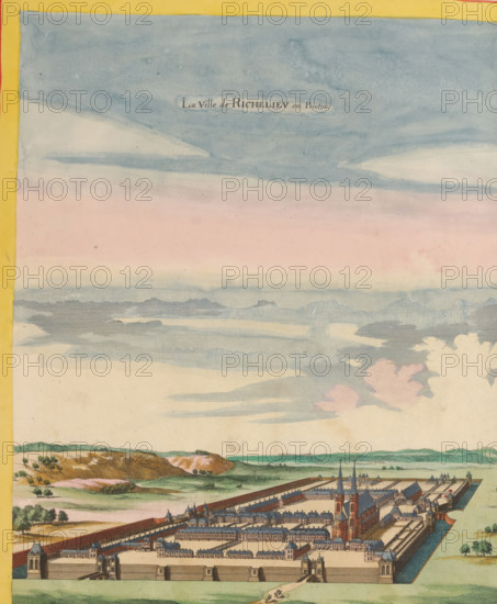 The City of Richelieu in Poictou, View of Richelieu from a bird's-eye perspective, print, album