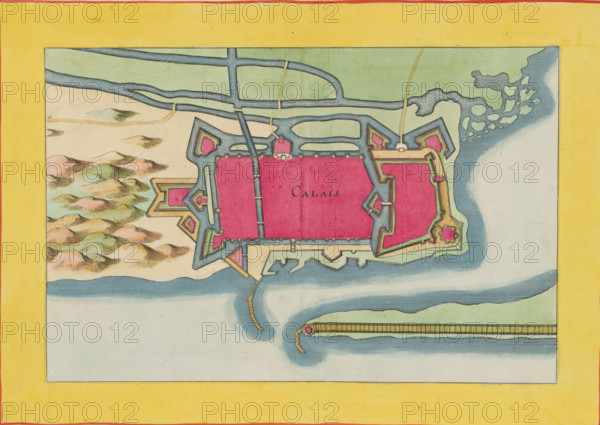 Fortress map of Calais, Calais, area plan, print, album page, This print is part of an album.,