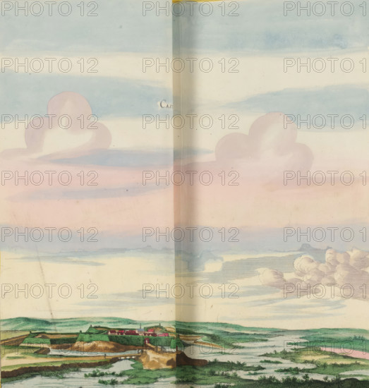 View of Le Catelet, Castelet, print, album page, This print is part of an album., after drawing by