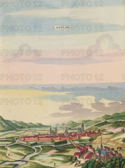 View of Chauny, Chaulny, print, album page, This print is part of an album., after drawing by Jan