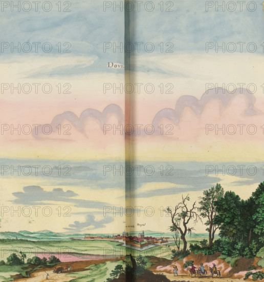 View of Doullens, Dourlans, print, album page, This print is part of an album., after drawing by