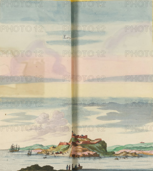 View of Etaples, Estaples, print, album page, This print is part of an album., after drawing by Jan