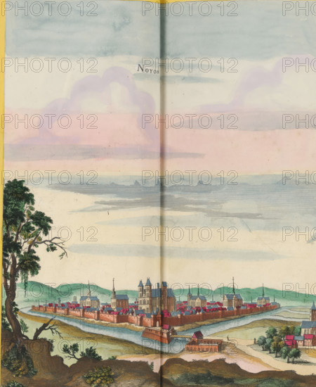View of Noyon, Noyon, print, album page, This print is part of an album., after drawing by Jan