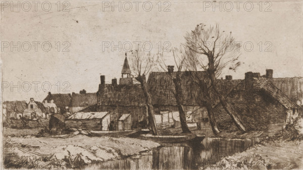 Village view, print, printmaker: Chris van der Windt, 1887 - 1952, paper, etching, drypoint,