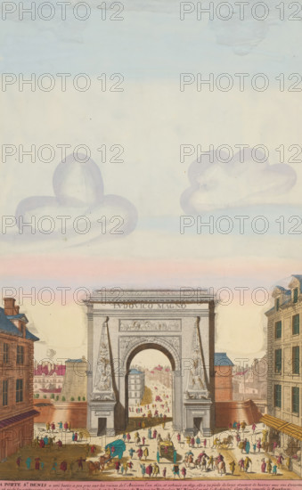 View of the Porte Saint-Denis triumphal arch in Paris, La Porte St Denis, print, album page, View