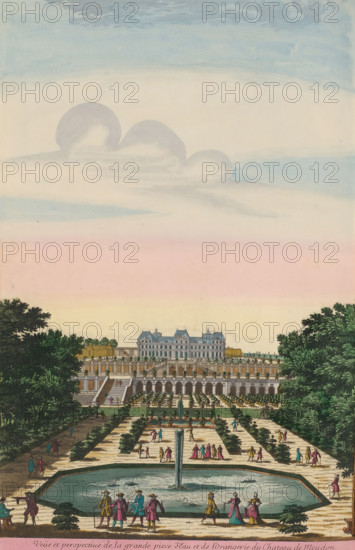 View of the large pond with fountain and the orangery of the Château de Meudon, Veüe et perspective