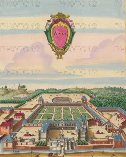Anet, View of Château d'Anet from a bird's-eye perspective, print, album page, View of Château