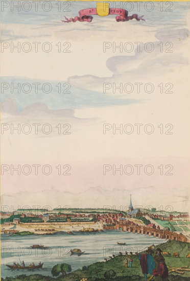 View of the place Saint-Cloud, St. Clou, print, album page, located on the Seine west of Paris.