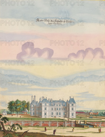 Prosp. dess Schlosses d'Escouan 5 Meijlen von Parijs, View of Château de Berny from the gardens,