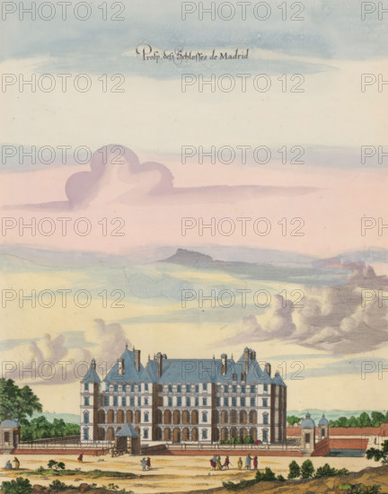 Prosp. des Schlosses de Madrid, View of Château de Madrid, print, album page, View of Château de
