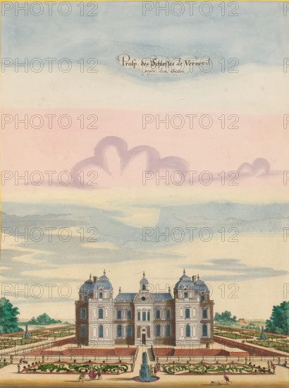 Prosp. des Schlosses de Verneuil gegen dem Garten, View of Château de Verneuil from the gardens,