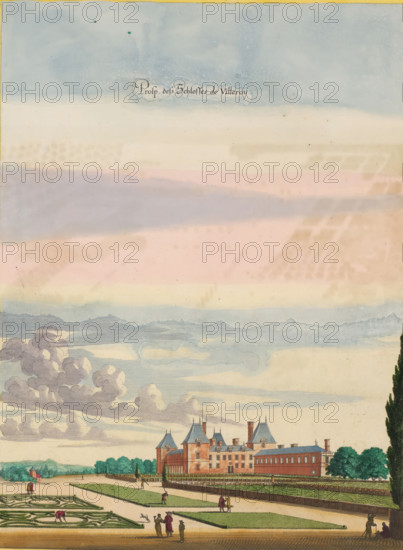 Prosp. des Schlosses de Villeroy, View of Château de Villeroy from the gardens, print, album page,