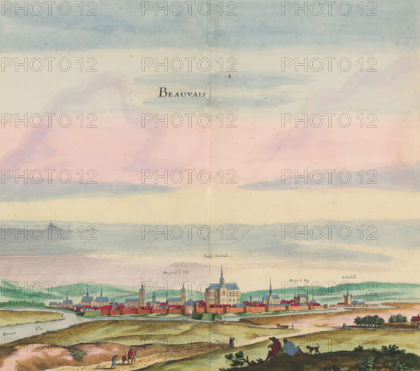 Beauvais, View of the city of Beauvais, print, album page, View of the city of Beauvais. Print is
