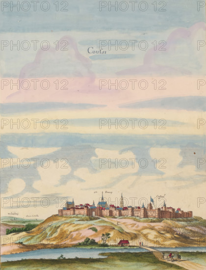 View of the castle and fortress of Coucy, Coussi, print, album page, View of Château de Coucy.