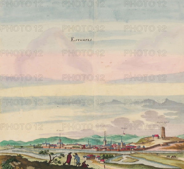 View of the city of Étampes, Estampes, print, album page, View of the city of Étampes. The castle