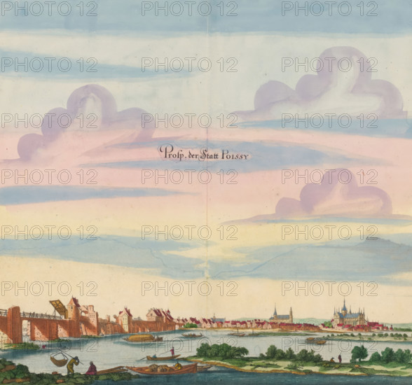 Prosp. der Statt Poissy, View of the city of Poissy, print, album page, View of the city of Poissy.