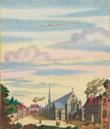 View of the Carthusian Church in Paris, Prosp. der Kirche de RP Chartreux, print, album page, View