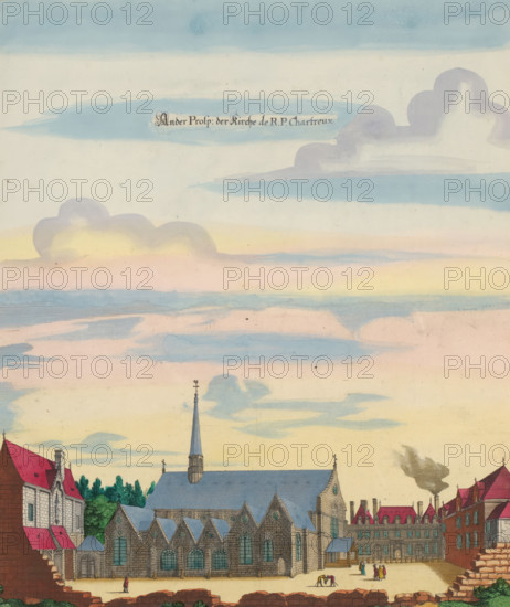 Side view of the Carthusian church in Paris, Ander Prosp. der Kirche de RP Chartreux, print, album