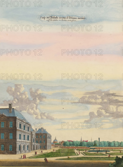 Prosp. dess Pallasts de Duc d'Orleans who spent their time in the garden, View of the rear facade