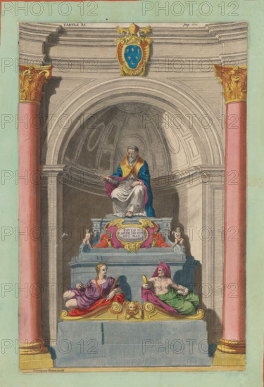 Tomb of Pope Paul III, print, album page, Tomb of Pope Paul III. A tomb monument with sculptures of