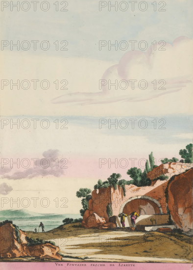 A fountain near Lorette, Fountain in a landscape near Loreto, Landscapes with Roman ruins, print,