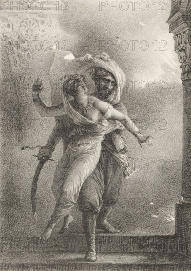 Conrad saves Culnare from the fire, Series of lithographs, Receuil de dessins sur pierre, print,