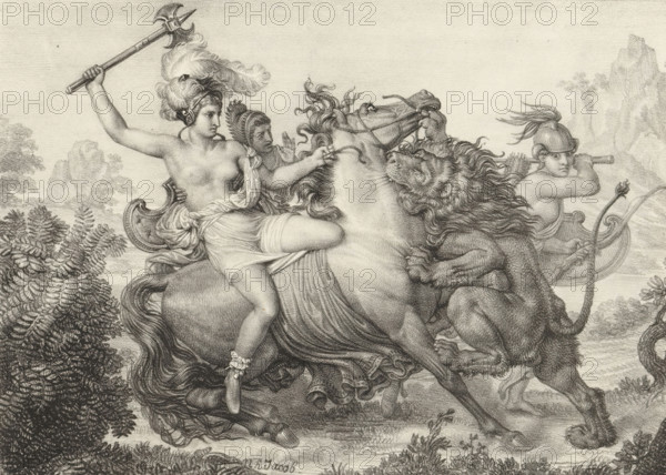 Hippolyte attacked by a lion, Series of lithographs, Receuil de dessins sur pierre, print, album