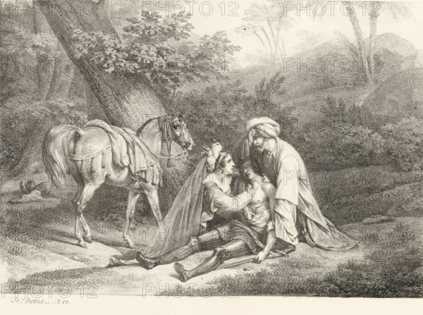 Kneeling woman and man by a wounded soldier, Receuil de dessins sur pierre, Series of lithographs,