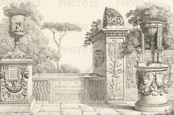 Terrace with decorated fountain, Receuil de dessins sur pierre, Series of lithographs, print, album