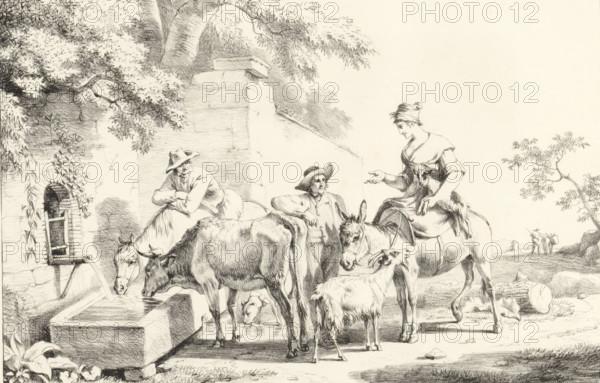 Shepherds by a spring, Series of lithographs, Receuil de dessins sur pierre, print, album page,