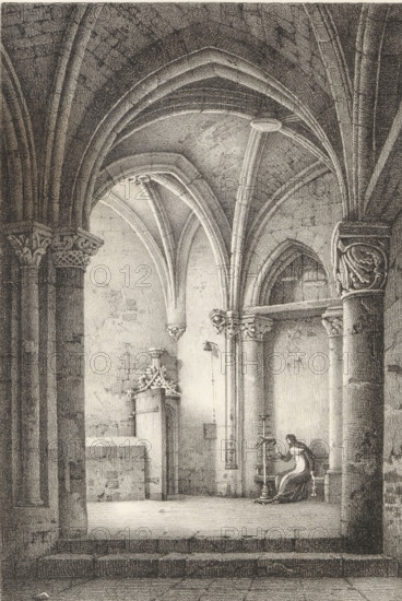 Nun with parrot in a chapel, Series of lithographs, Receuil de dessins sur pierre, print, album
