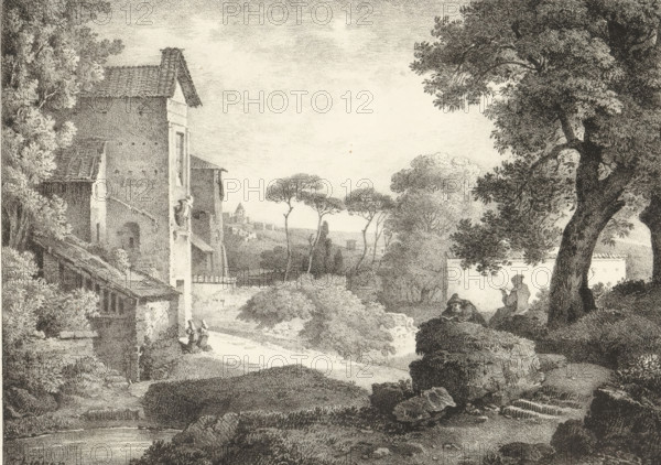 Landscape with clergymen, Series of lithographs, Receuil de dessins sur pierre, print, album page,
