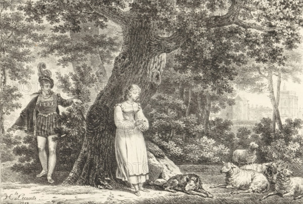 Shepherdess with flock in forest, Series of lithographs, Receuil de dessins sur pierre, print,