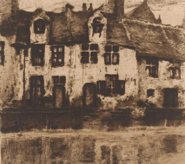 Houses along the canal, print, printmaker: attributed to Albert Baertsoen, 1876 - 1922, Attributed