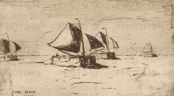 Sailing ships on the Scheldt, print, printmaker: Frans Hens, 1866 - 1928, paper, etching, intaglio