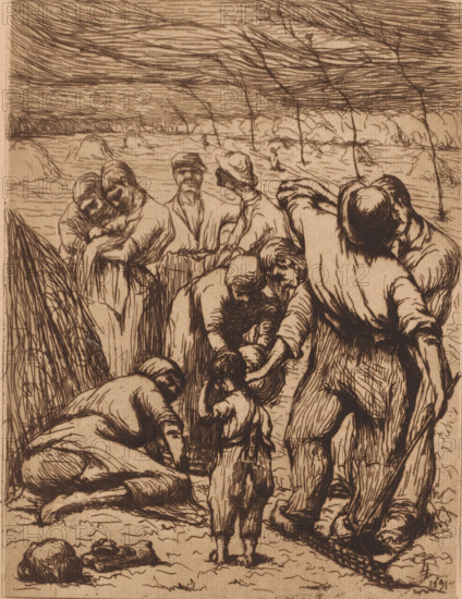 Farm laborers in a field with haystacks, print, annotation: 'Eug. Laermans, Hooien, Kunst v. Heden